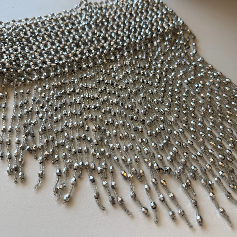 Silver Beaded Fringe Hip Belt Festival Rave Skirt Overlay Statement Accessory